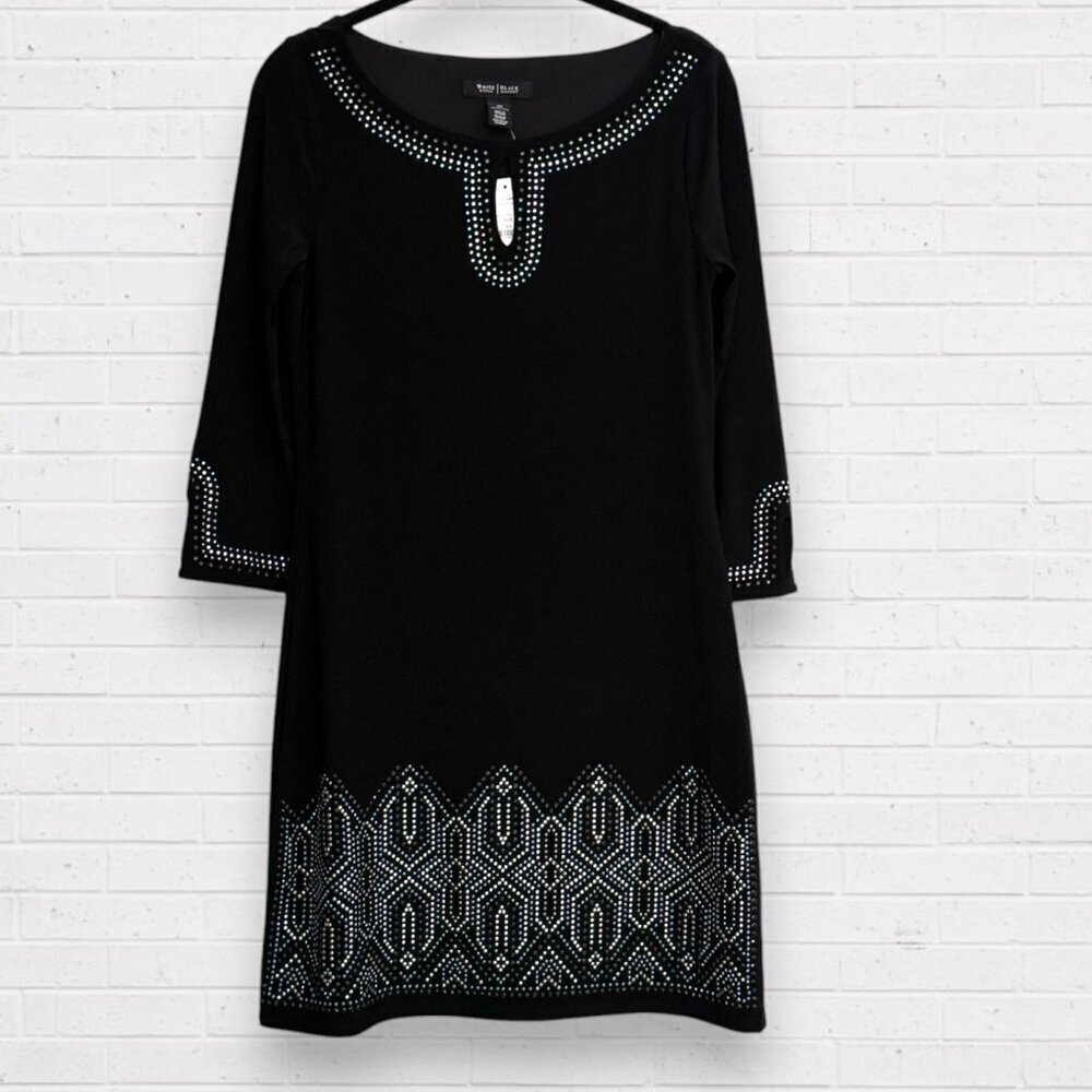 NWT White House Black Market WHBM Black Blue Rhinestone Keyhole Neck Dress XS